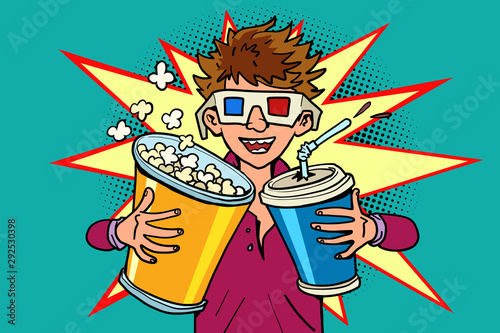laughing boy in stereo glasses at the cinema with popcorn and cola