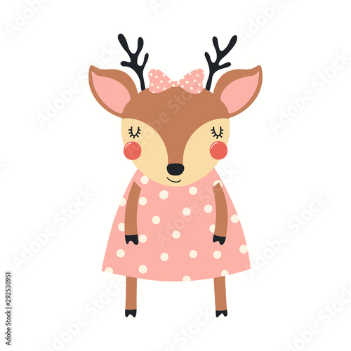 Hand drawn vector illustration of a cute funny deer girl in a pink polka dots dress, with a ribbon. Isolated objects on white background. Scandinavian style flat design. Concept for children print.