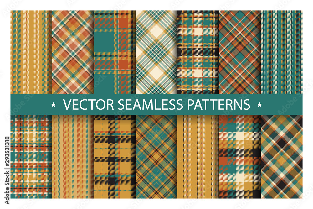 Set plaid pattern seamless. Tartan patterns fabric texture. Checkered geometric vector background. Scottish stripe blanket backdrop