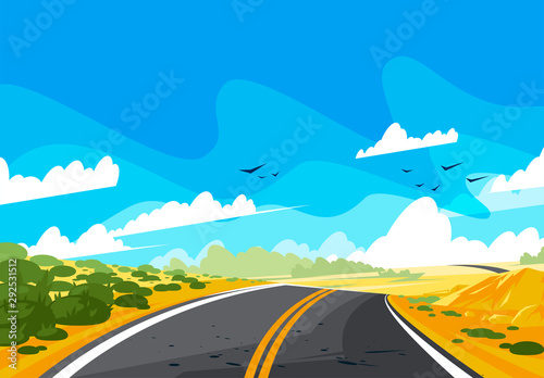 vector illustration of a road going beyond the horizon, landscape of a country road in a dry area