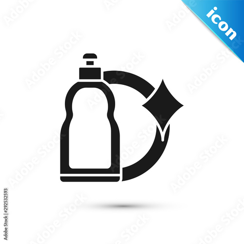 Black Plastic bottle for liquid laundry detergent, bleach, dishwashing liquid or another cleaning agent icon isolated on white background. Vector Illustration