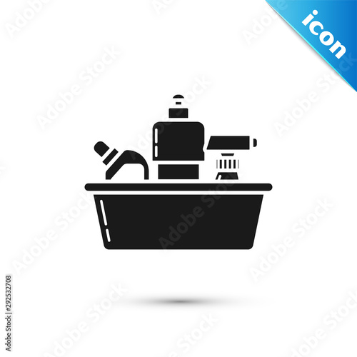 Black Plastic bottles for liquid laundry detergent, bleach, dishwashing liquid or another cleaning agent icon isolated on white background. Vector Illustration