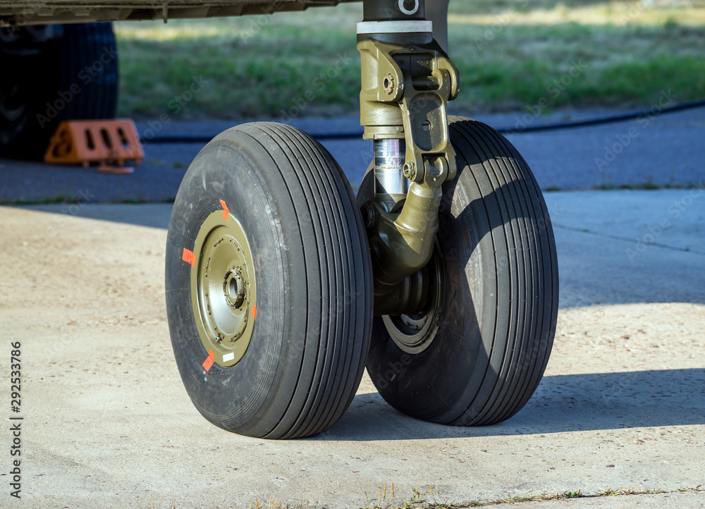 Landing gear. Front part of chassis of military helicopter close up