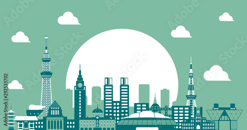 Tokyo skyline flat vector illustration. Tokyo landmark buildings / 2 tone color (blue)