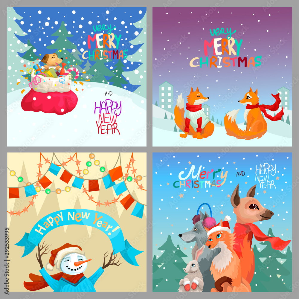 Fototapeta premium Set of winter Christmas cards. Four different vector designs