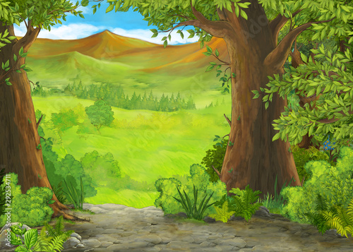 cartoon summer scene with meadow in the forest illustration for children