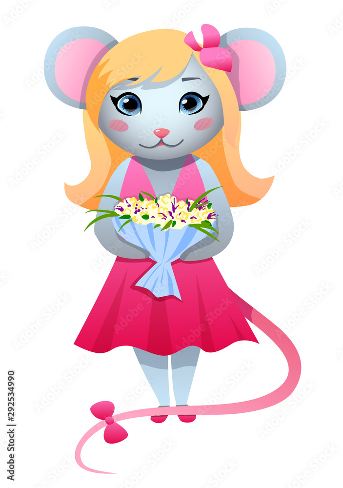 Vector illustration of a mouse for calendar or international woman's day greeting card. Spring mouse with flowers in hands isolated on white background. Vector illustration of a mouse for calendar or international woman's day greeting card. Spring mouse with flowers in hands isolated on white background.
