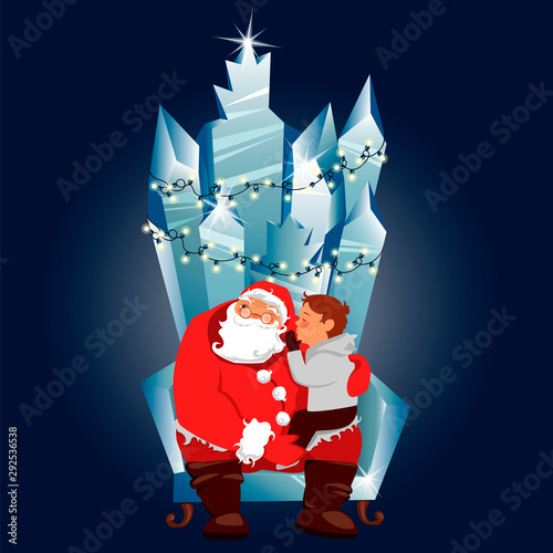 merry Christmas. a boy and Santa Claus on the throne. a small child is talking to Santa