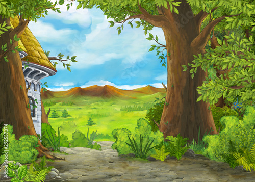 Cartoon nature scene with beautiful castle - illustration for the children