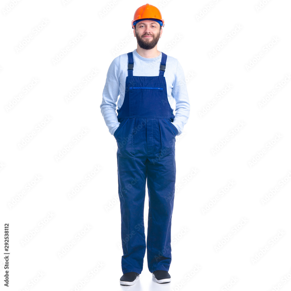 Man worker builder with helmet on white background isolation Man worker builder with helmet on white background isolation