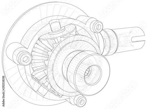 Gear wheels close-up. Vector rendering of 3d. Wire-frame.