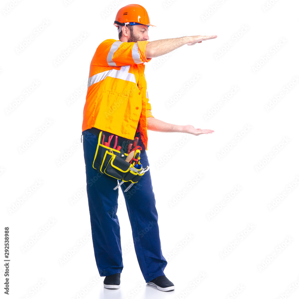 Man worker builder with helmet and tool belt on white background isolation
