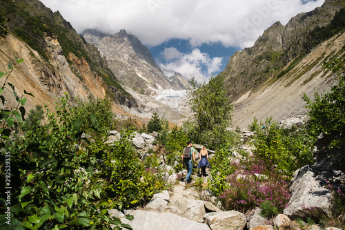 Caucasus Mountains on the border of Russia and Georgia. Chalaat Pass and Very beautiful view of the Chalaadi Glacier, Mount Ushba and Mestiachala river with background of cloud.