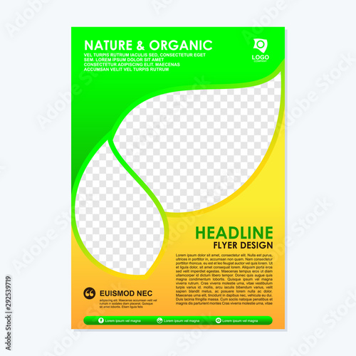 Eco Organic Flyer template with space of shilhuette of leaf for place your image photo