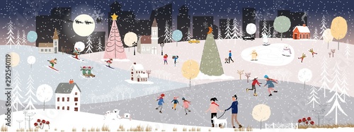 Winter landscape at night with people having fun doing outdoor activities on new year,Vector city landscape on Christmas holidays with people celebration, kid playing ice skates, teenagers skiing