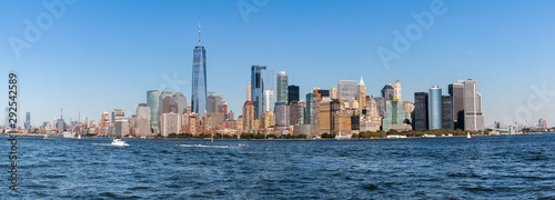 New York Skyline Cityscape showing several prominent buildings and hotels under a blue sky.