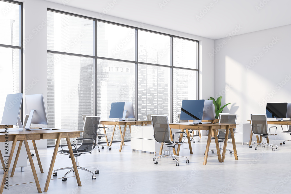 Panoramic white office corner with cityscape