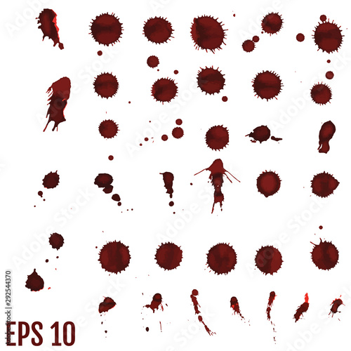 Blood blot, red drops, splatter painted art on white.