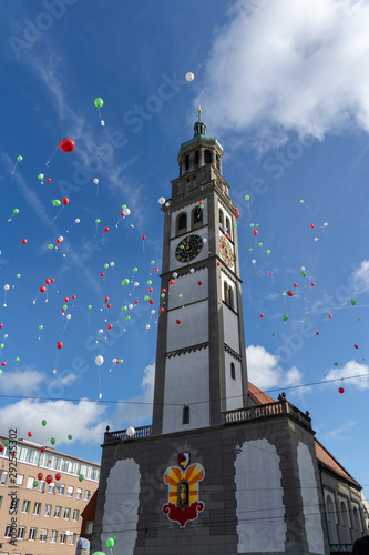 Turamichele celebration with ballons in front of Perlach tower in Augsburg, Germany, Bavaria