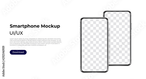 Two phones in a row realistic smartphone template mockup for user experience presentation. Stylish concept design for websites, applications and landing pages.