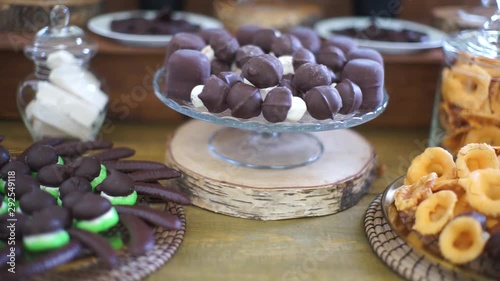 Candy bar. On the table is a lot of sweets.
