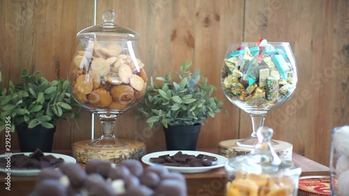 Candy bar. On the table is a lot of sweets.