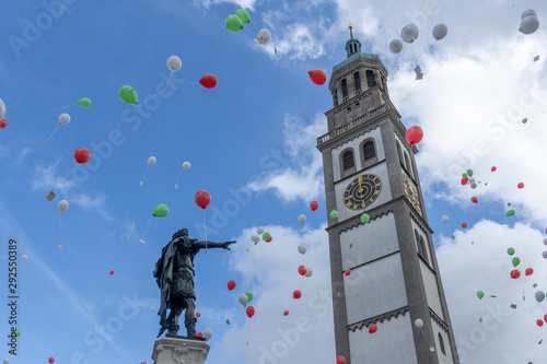 Turamichele celebration with ballons in front of Perlach tower in Augsburg, Germany, Bavaria photo