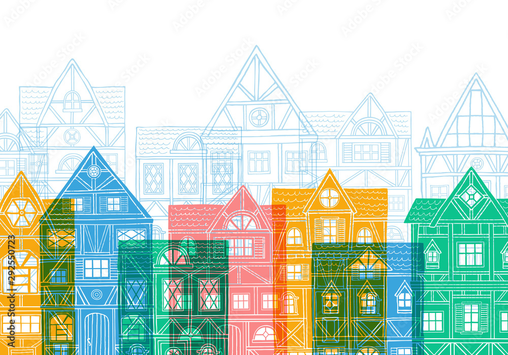 German houses cartoon cover urban landscape white background. Front view of European city street colorful building facades silhouette. Hand drawn vector illustration sketch style.