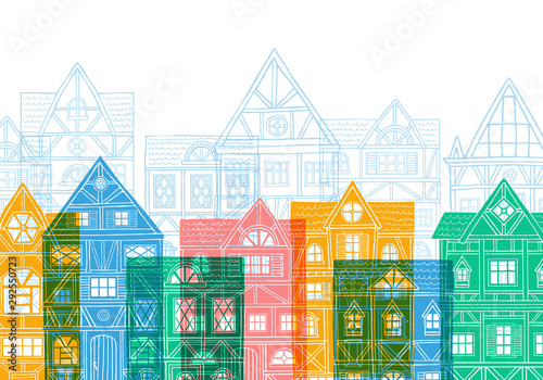 German houses cartoon cover urban landscape white background. Front view of European city street colorful building facades silhouette. Hand drawn vector illustration sketch style. photo