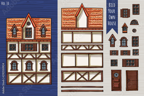 German houses, collection of elements, itemset, roof, windows, doors. Fahverk architecture cute style for postcard design posters background game children books. Hand drawn vector illustration. photo