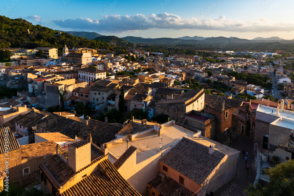 Sunset view from the castle on the town of Capdepera Majorca