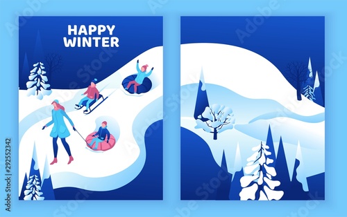 Kids riding tubing greeting card, winter isometric people set, 3d vector sport family playing, outdoor snow games, simple cartoon characters, mother with children