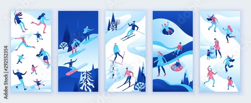 Social media stories vector set, story design templates, backgrounds, winter isometric people, sport family ice skating, skiing, snowboarding, playing snowballs, mobile wallpaper