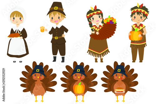 Cute Thanksgiving characters and turkeys vector collection. Thanksgiving pilgrim, native and cute turkey cartoon vector 