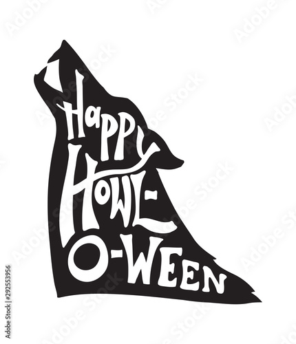 Happy halloween typography in howling wolf silhouette design in black graphic aanimal art  illustration, funny halloween party invitation design photo