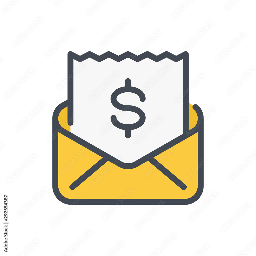 Mail with bill and payment confirmation color line icon. Email envelope with dollar vector outline colorful sign. Mail with bill and payment confirmation color line icon. Email envelope with dollar vector outline colorful sign.
