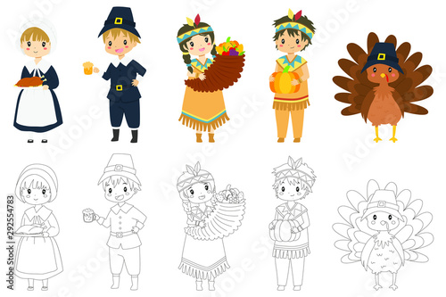 Cute Thanksgiving characters and turkeys vector collection. Coloring page for kids cartoon vector