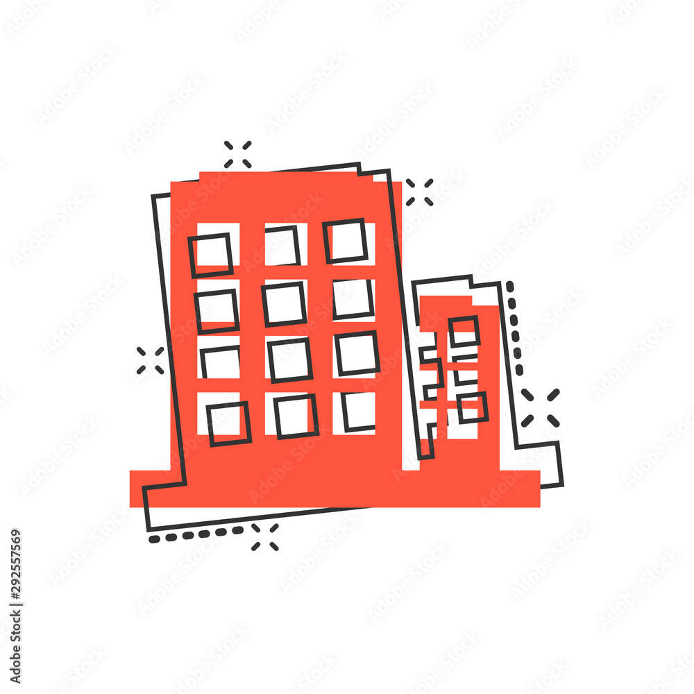 Office building sign icon in comic style. Apartment vector cartoon illustration on white isolated background. Architecture business concept splash effect.