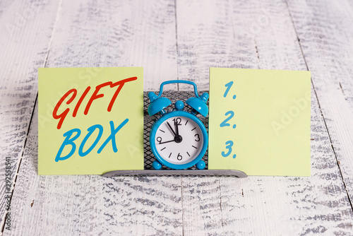 Handwriting text writing Gift Box. Conceptual photo A small cointainer with designs capable of handling presents photo