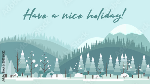 Merry Christmas Landscape. Winter abstract blue background. Christmas tree, snow pattern. New year, season design wallpaper. Holidays vector illustration.