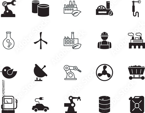 factory vector icon set such as: bird, plug, electronic, beaker, chemistry, storage, warning, rotation, pipes, engineer, radar, social, empty, laboratory, vehicle, decoration, windmill, can, graphics