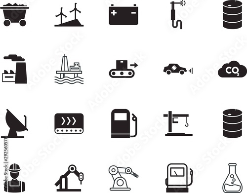 factory vector icon set such as: trolley, automation, turbine, global, extraction, coal, text, active, architect, workman, experiment, exhaust, data, exploration, propeller, welding, traffic