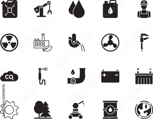 factory vector icon set such as: people, dioxide, carbon, cityscape, radiation, warning, ladle, communication, precision, worker, technician, splash, conditioner, toxic, cogwheel, workshop, fitting