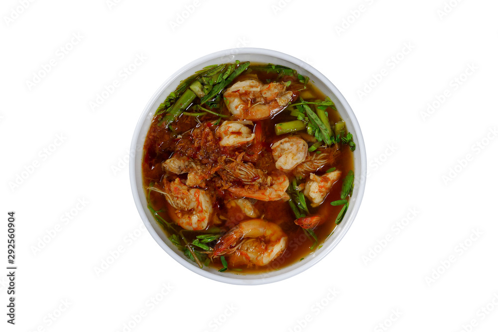 Sour soup with shrimp and water mimosa isolated on white background