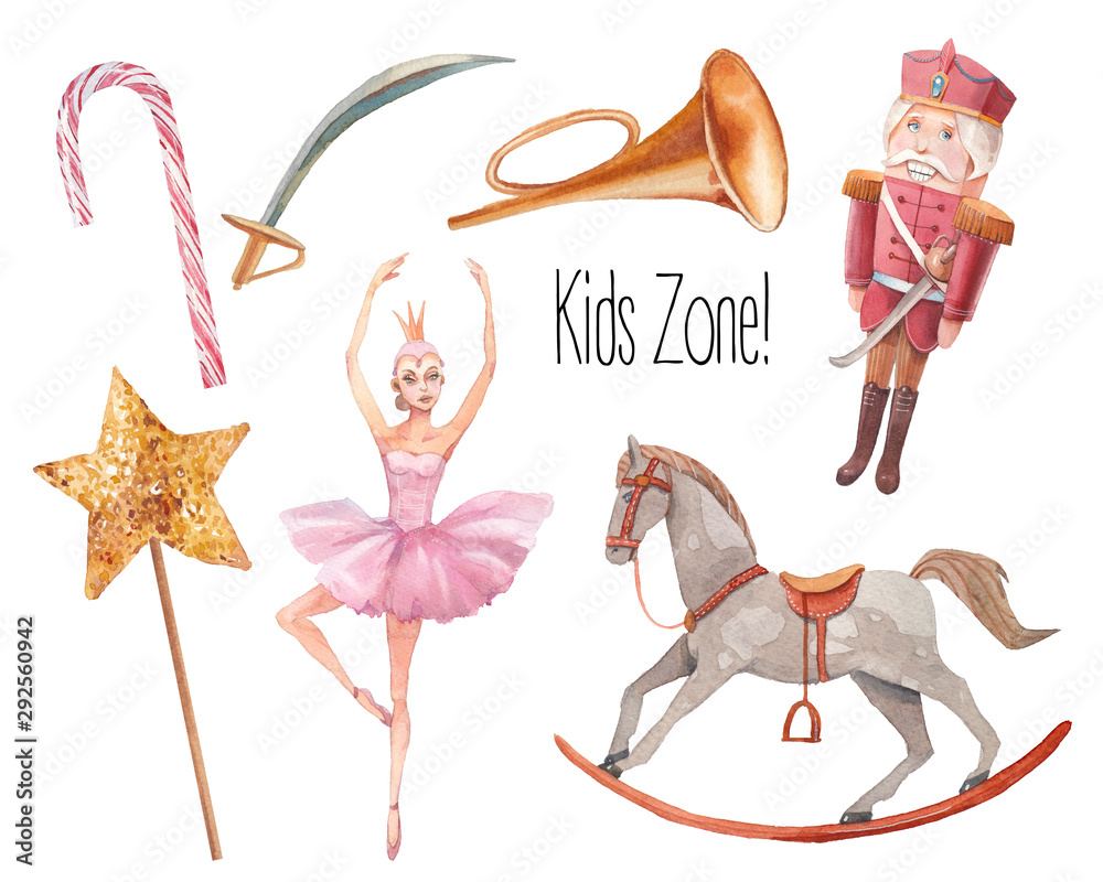 Retro toys set. Watercolor kids game items: magic wand with star, soldier,  ballerina doll, pipe, candy, rocking horse. Isolated objects for banner,  headers, website, stickers Illustration Stock | Adobe Stock