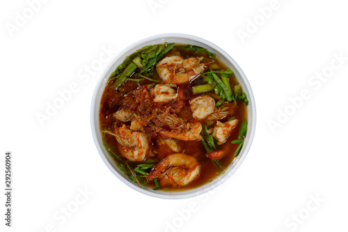 Sour soup with shrimp and water mimosa isolated on white background