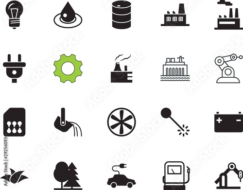 factory vector icon set such as: foundry, card, molten, spring, concrete, benzine, fan, slag, mechanics, branch, knowledge, cogwheel, drop, organic, reactor, heat, cooler, control, engine, gray