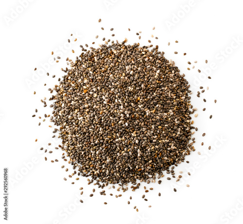 Pile of chia seeds on a white background. The view of the top.