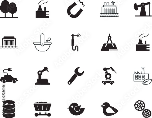 factory vector icon set such as: supply, recycling, geometry, mineral, transport, thin, molten, paper, ladle, summer, project, chemical, technical, raw, jack, direction, gear, mechanism, petrol