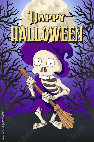 Happy Halloween postcard template. Skeleton Hag Violet Robe cartoon Character